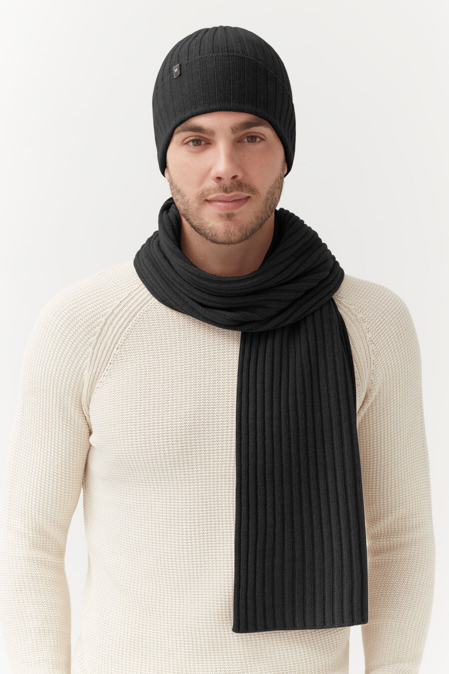 Mens Wool Cashmere Ribbed Beanie